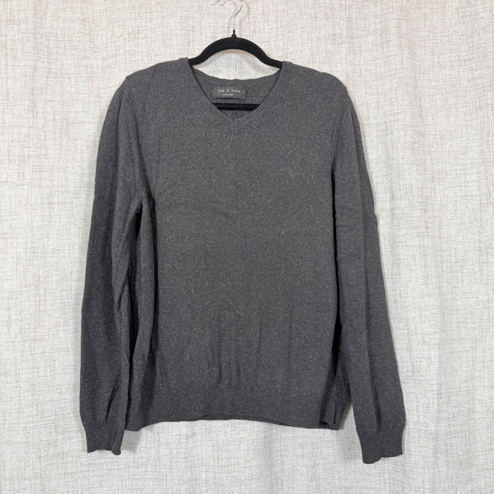 Rag & Bone V-Neck Sweater Sz XL Gray Donegal Wool Silk Blend Classic Minimalist